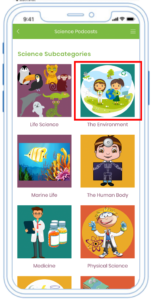 Choose a podcast subcategory from the Walking Classroom mobile app